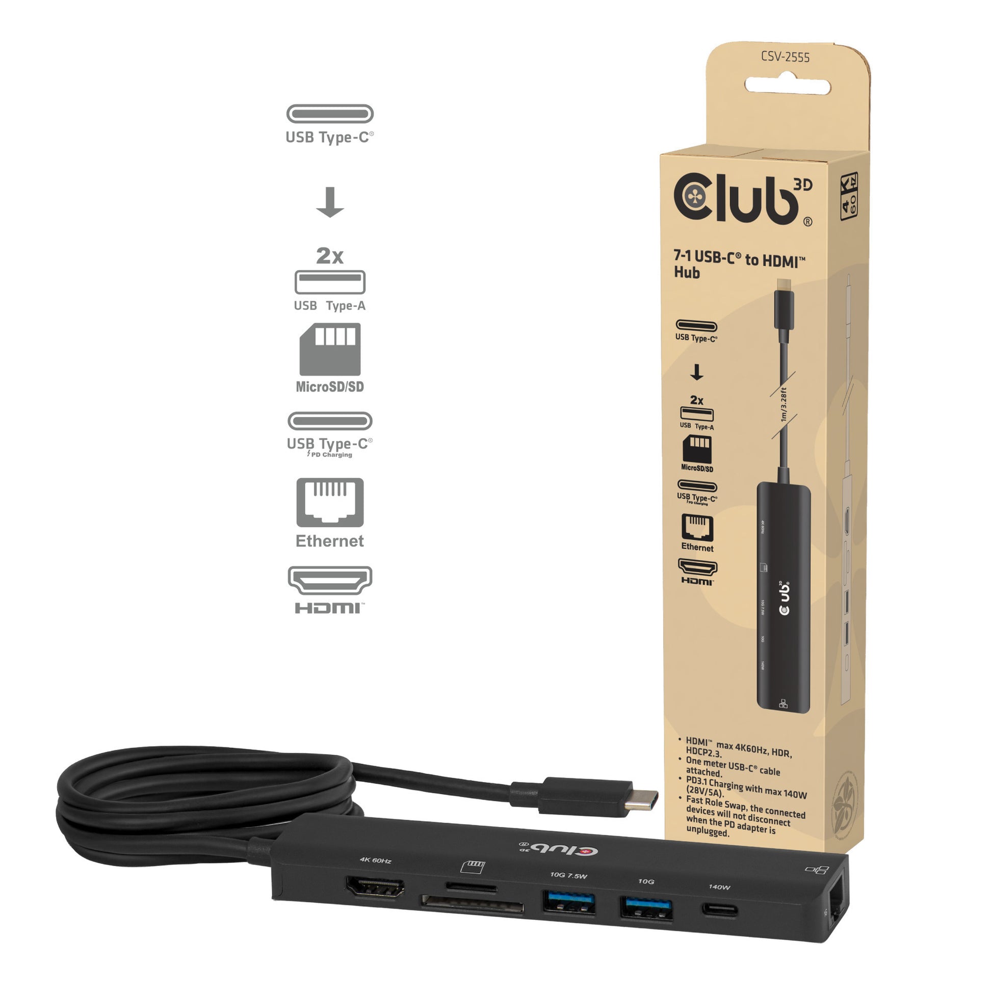 Club 3D CSV-2555 7-1 Hub USB-C a HDMI (Negro, 4K60Hz, PD3.1 140W, USB-A, USB-C, LAN, MicroSD)