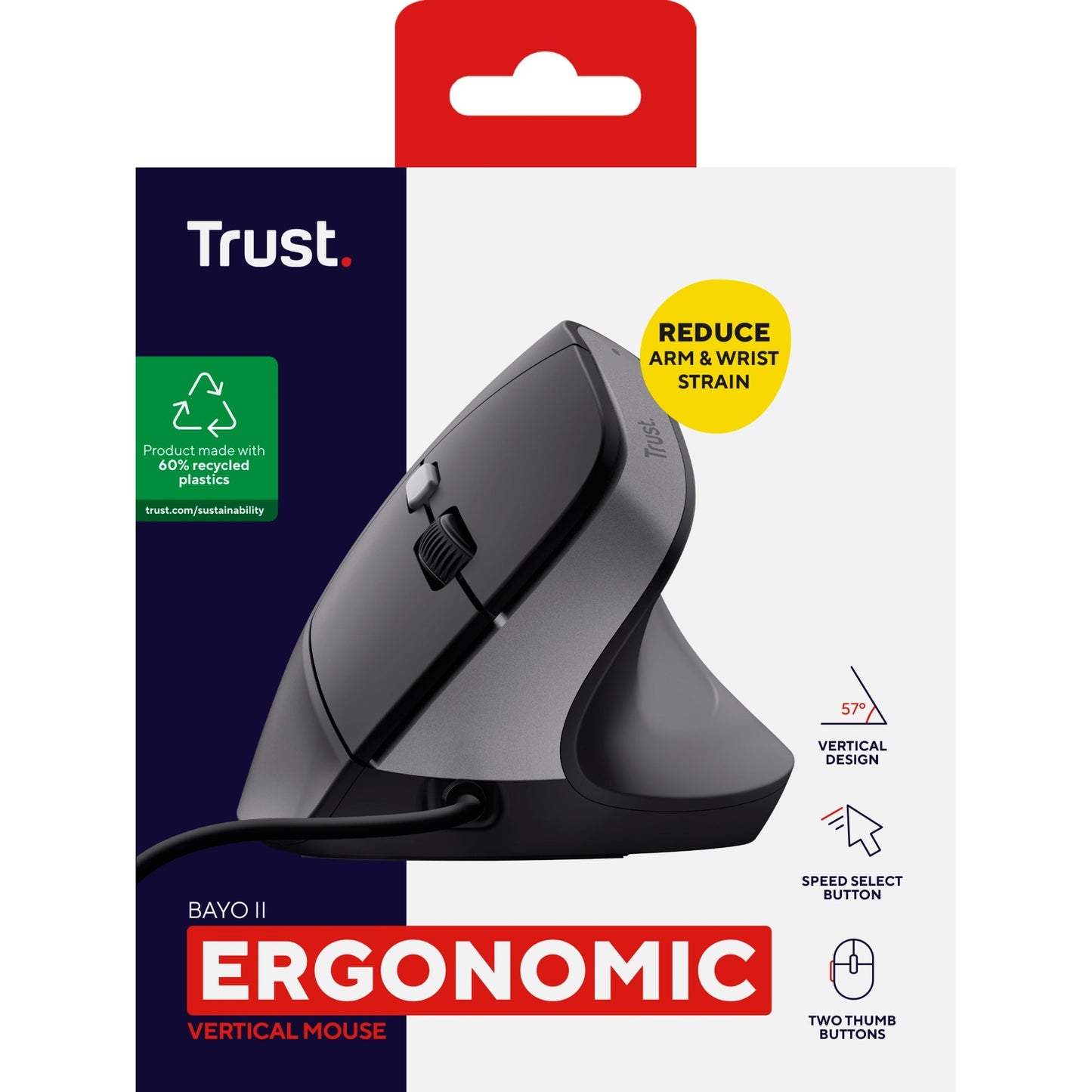 Trust bayo ii ergonomische muis (zwart, 800 dpi - 2.400 dpi)