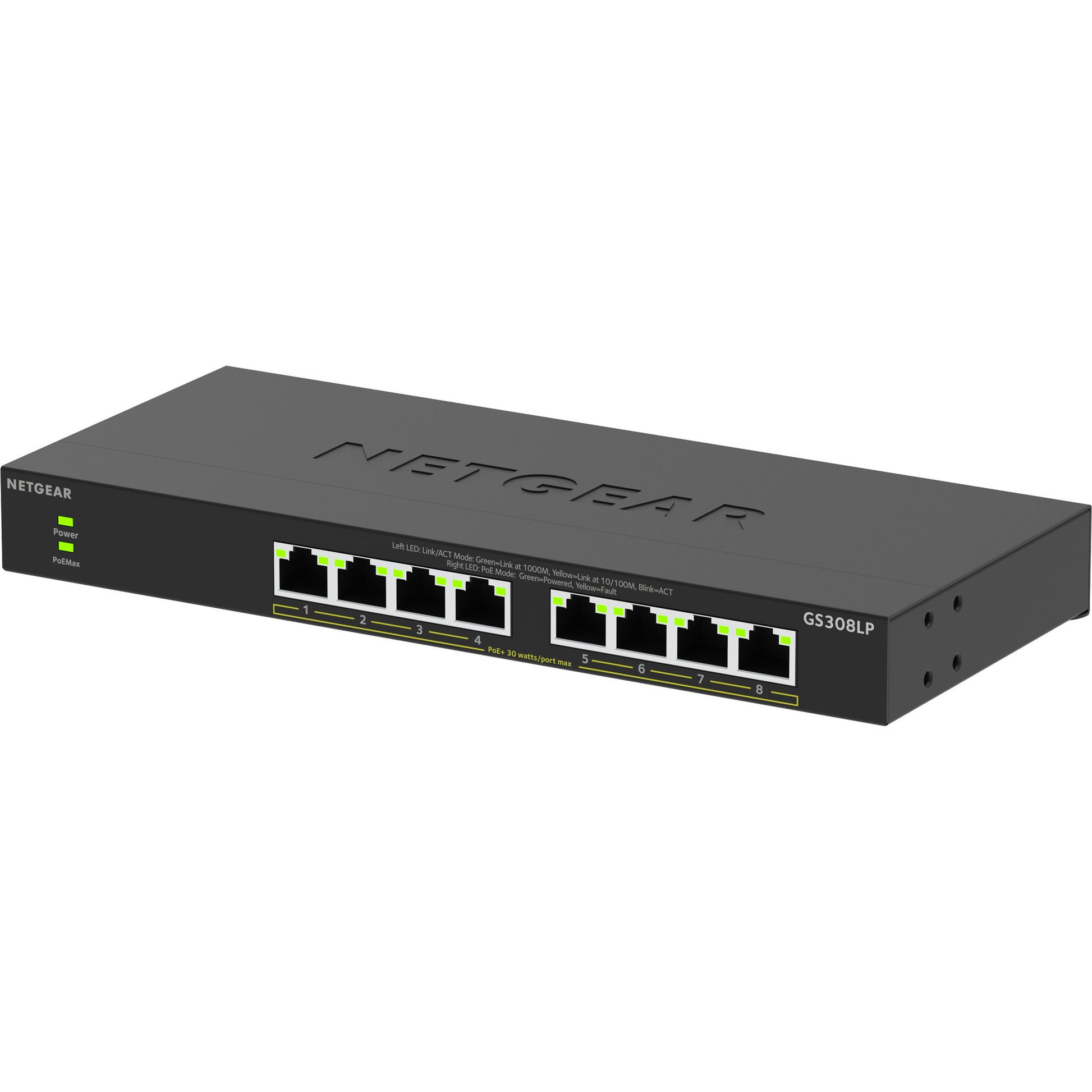 Switch Netgear Gigabit Ethernet a 8 porte Poe+ Essentials non gestito (gs308lp) (Nero, Poe da 60 Watt)