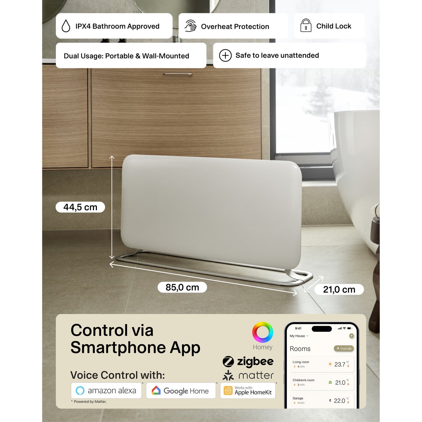 Panel calefactor wifi mill steel pa1500wifi4a con base, convector de 1500 vatios (blanco, wifi 2,4 ghz (wifi 6), bluetooth 5.2, zigbee 3.0 + app)