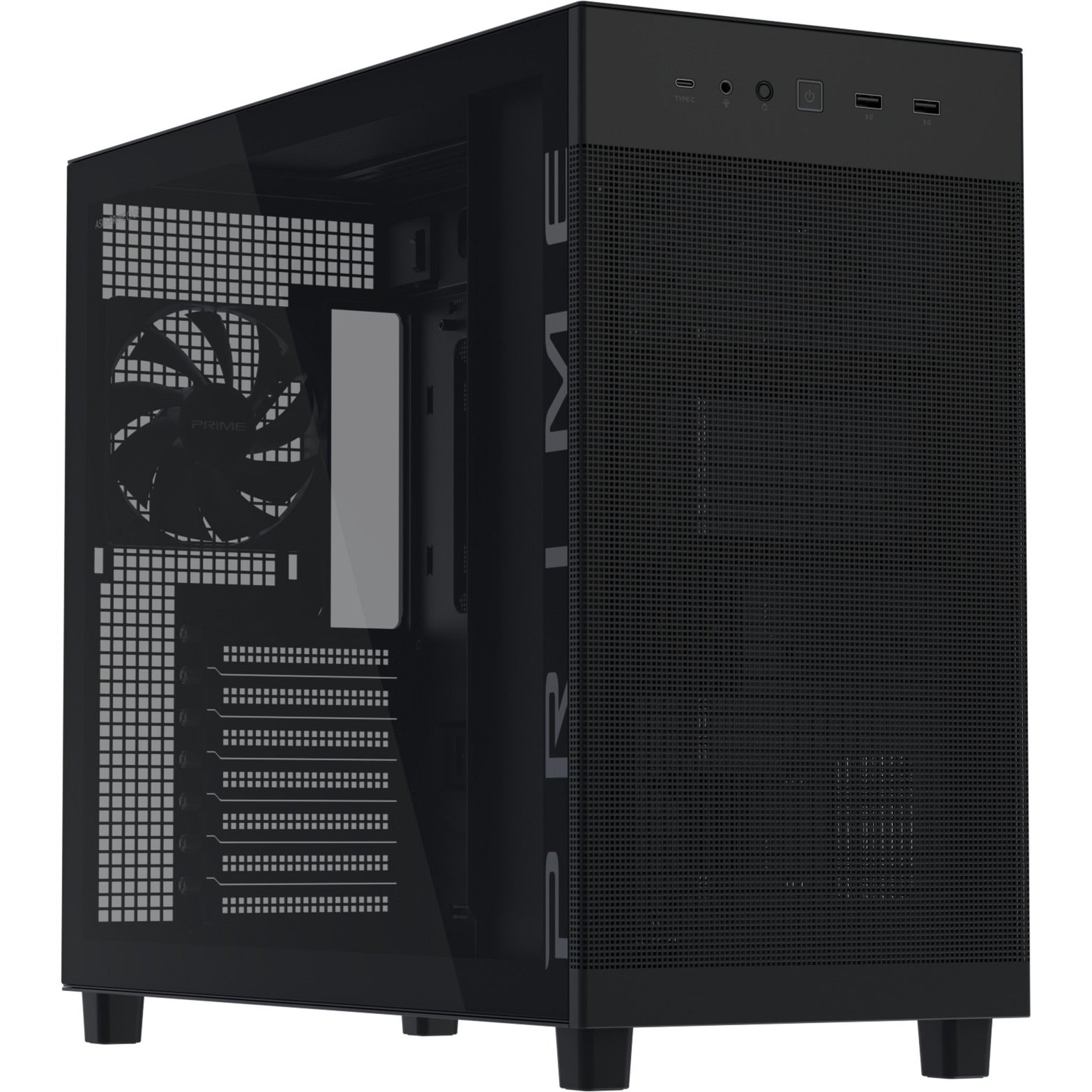 Asus prime ap303 - tempered glass panel midi tower behuizing (zwart | 2x usb-a | 1x usb-c | tempered glass)