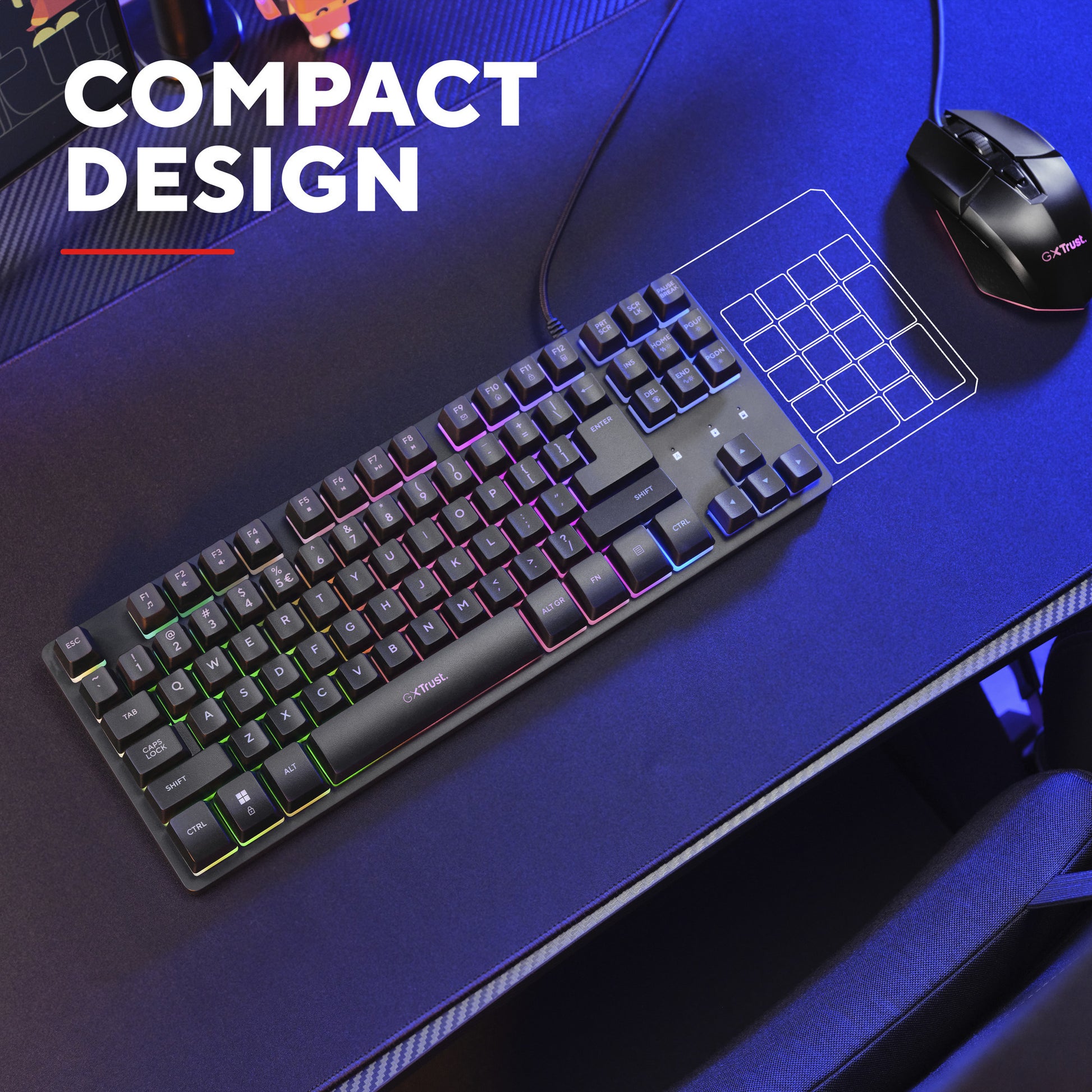 Tastiera Trust GXT 833 Thado con illuminazione TKL, tastiera da gioco (nera, layout USA, 80% (TKL), RGB)