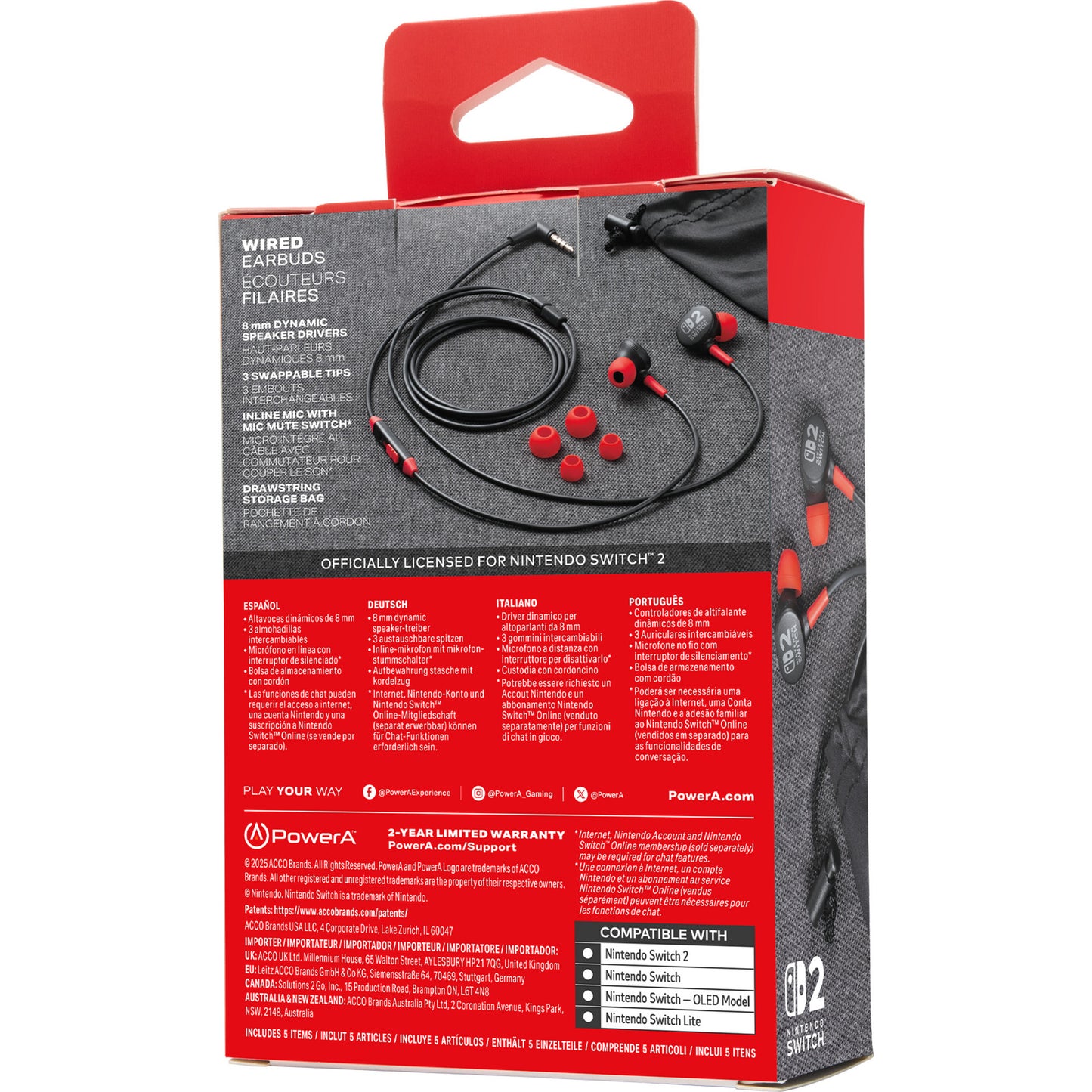Powera wired earbuds for Nintendo Switch 2 in-ear (black red, Nintendo Switch 2, Nintendo Switch, Nintendo Switch - OLED model, Nintendo Switch Lite)