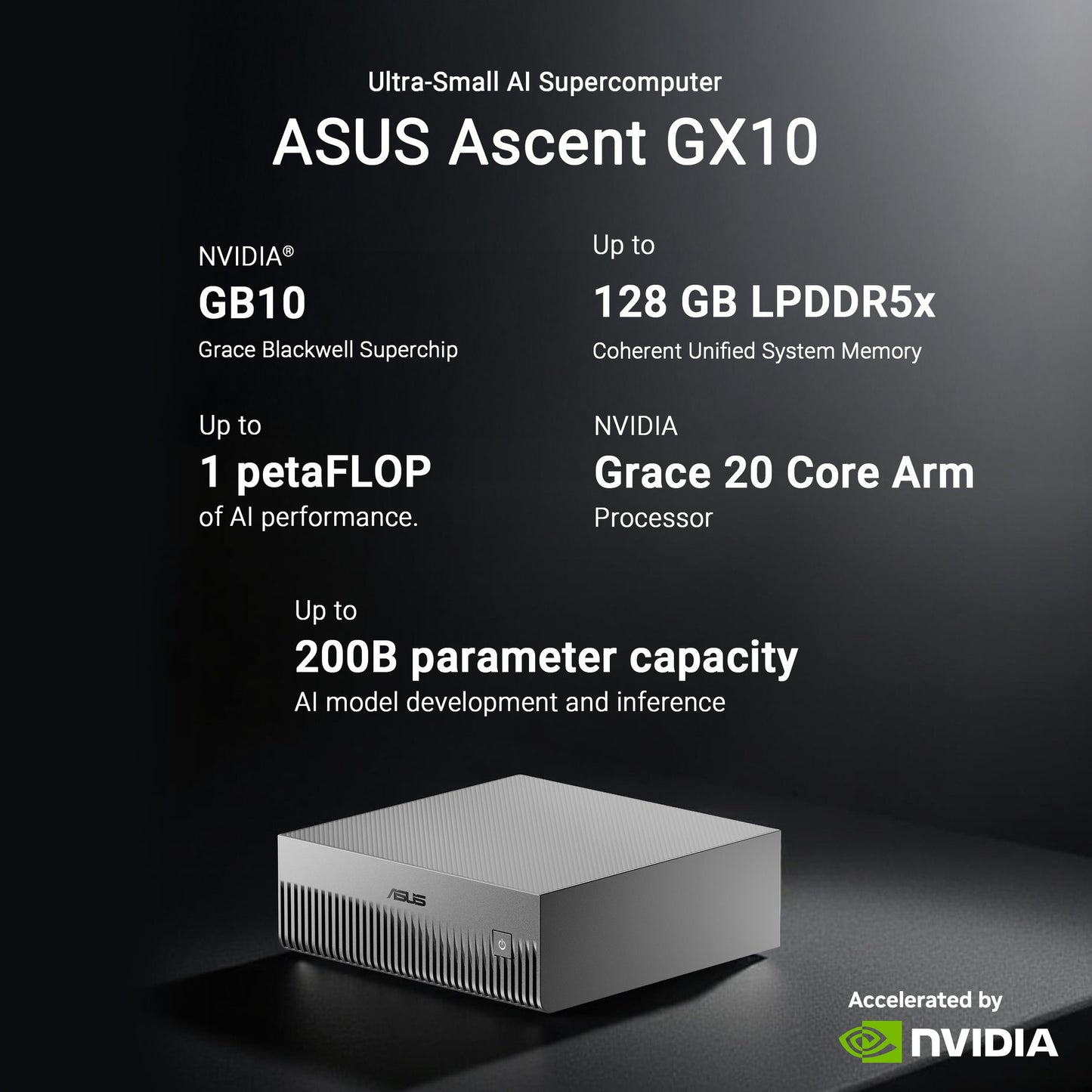 Mini PC Asus Ascent GX10 Arm V9.2-A 128 2 Mini PC (Grigio scuro | NVIDIA GB10 Grace Blackwell | DGX Spark | NVLINK-C2C | 128 GB | SSD da 2 TB)