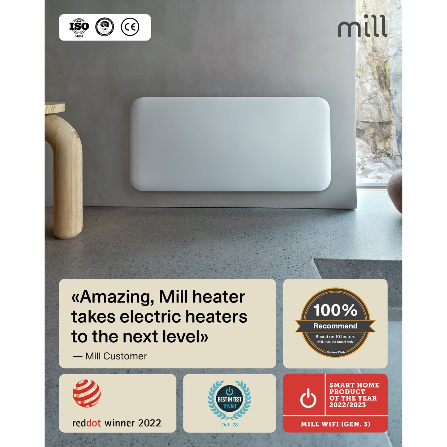Panel calefactor wifi mill steel pa1500wifi4a con base, convector de 1500 vatios (blanco, wifi 2,4 ghz (wifi 6), bluetooth 5.2, zigbee 3.0 + app)