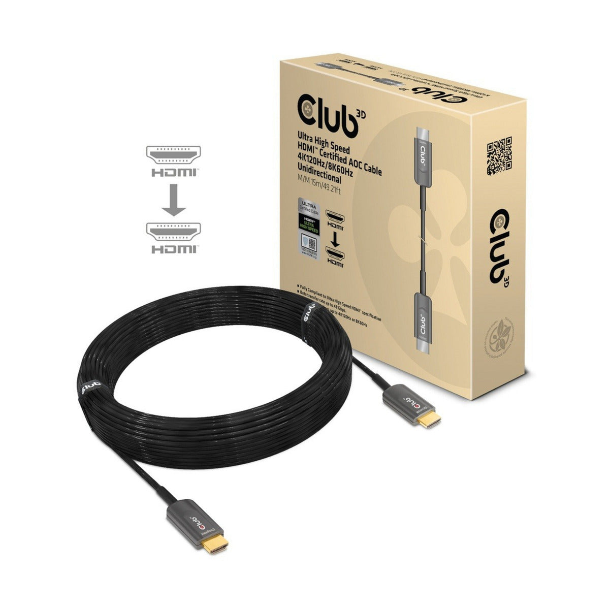 Cable AOC certificado HDMI de ultra alta velocidad Club 3D (negro, 15 metros, 4K 120Hz 8K 60Hz, unidireccional)