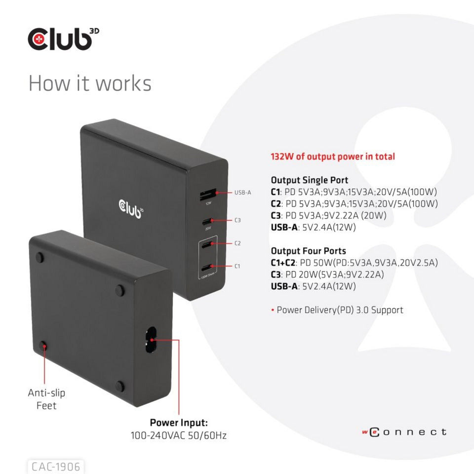Club 3D Travel Charger 132W Gan Technology, Four Port USB