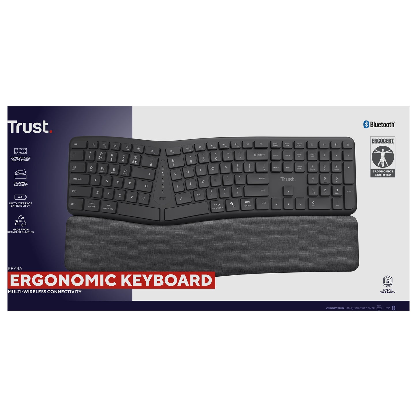 Trust Keyra wireless ergonomic keyboard (black, US layout, Bluetooth 2.4G USB)