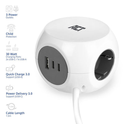 ACT Power Strip Cube con 3 enchufes (Tipo F), 30W PD