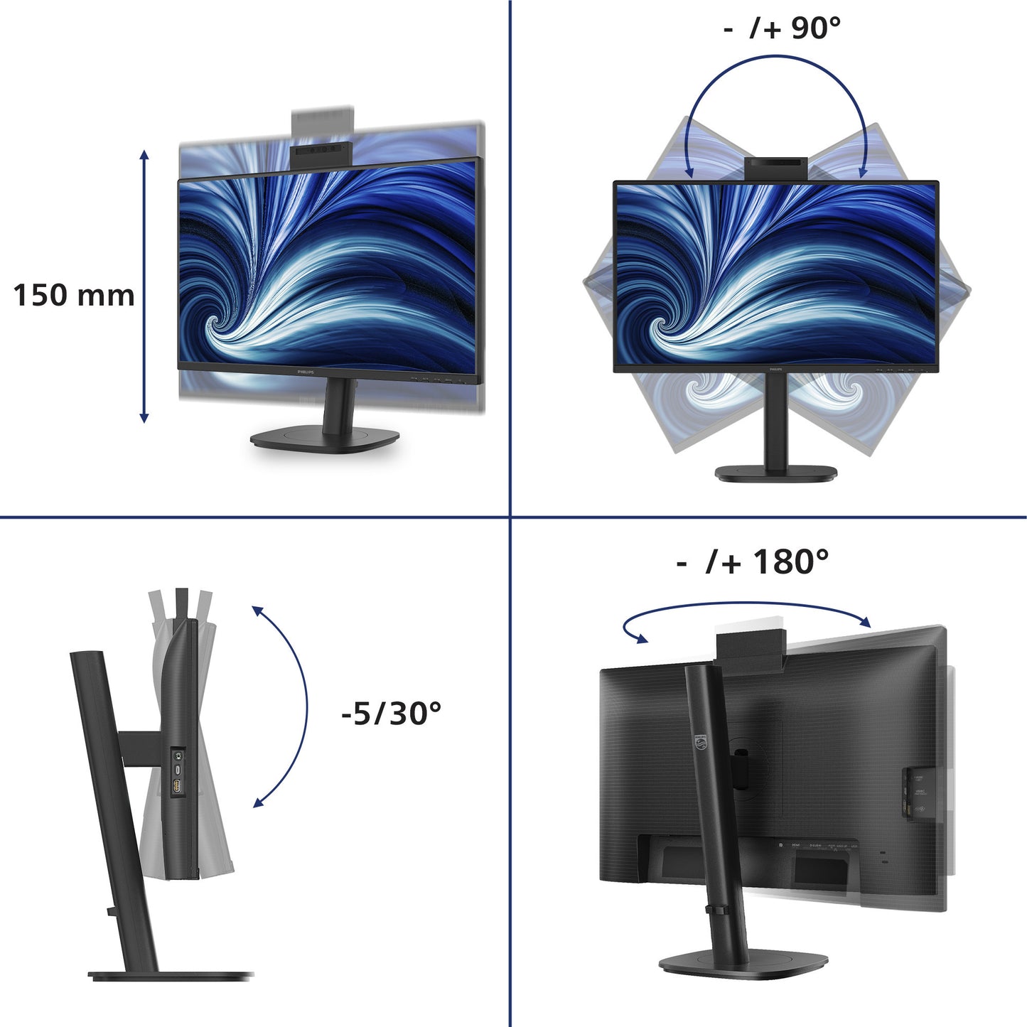 Monitor Philips 24b2n3200jh 00 23,8 (nero, VGA, HDMI, porta display, USB-C, webcam, 120 Hz)