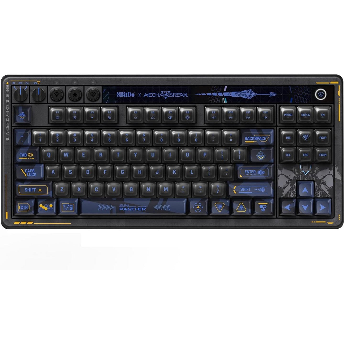 Teclado mecánico 8bitdo retro 87 - mecha break, teclado para juegos (negro azul, diseño estadounidense, kailh box jellyfish pro polish, tkl, teclas abs, hot-swap, bluetooth le 5.0, inalámbrico 2.4ghz, usb)