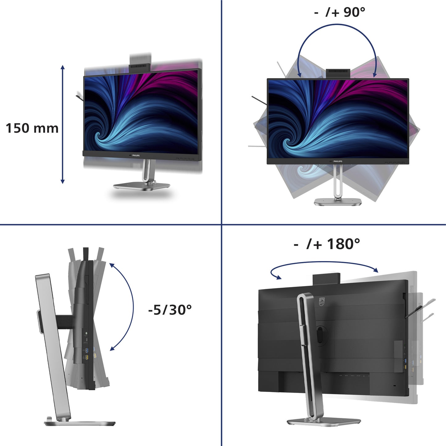 Monitor LED Philips 27b2u4601h 00 27 (nero argento, HDMI, porta display, USB-C, webcam, 120 Hz)