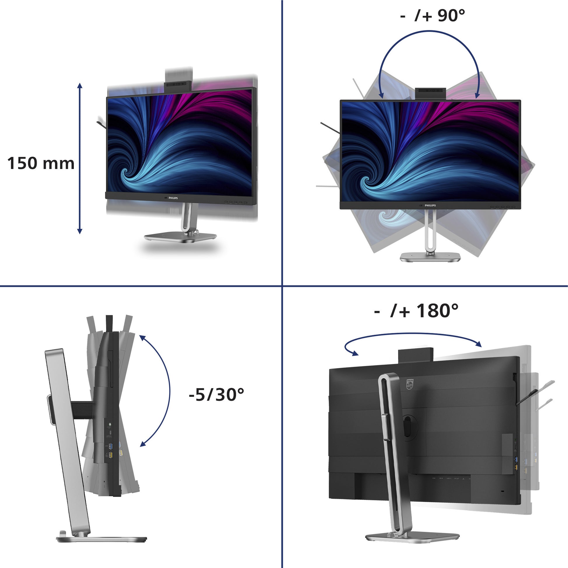 Monitor LED Philips 27b2u4601h 00 27 (nero argento, HDMI, porta display, USB-C, webcam, 120 Hz)