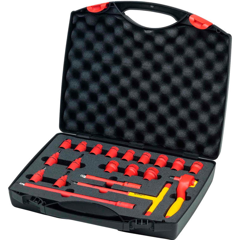 Wiha ratelsleutelset geïsoleerd 3 8 dopsleutel (rood geel, 20-delig in koffer)