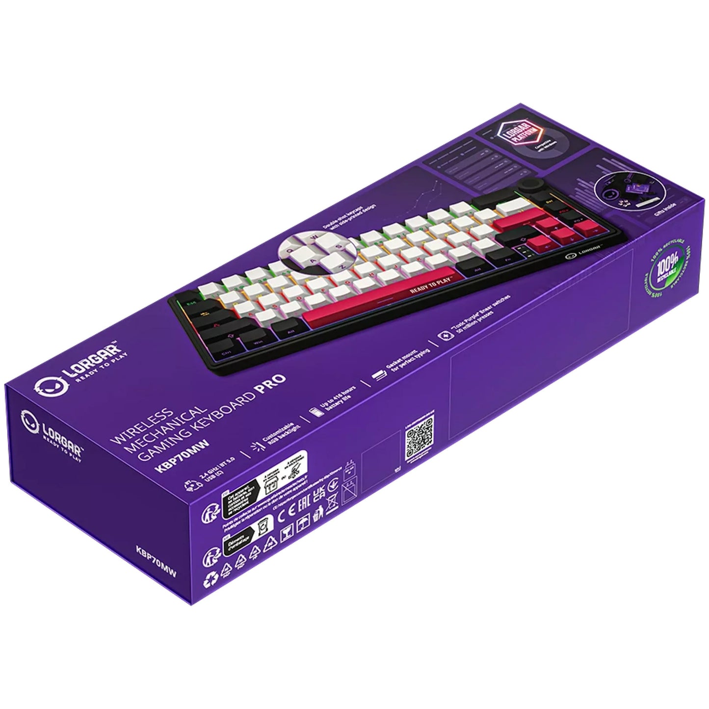 Lorgar kbp70mw, tastiera da gioco (nera, layout americano, logar tossico viola, 65%, rgb, hot-swapable, pbt double-shot, bluetooth 2.4ghz usb)