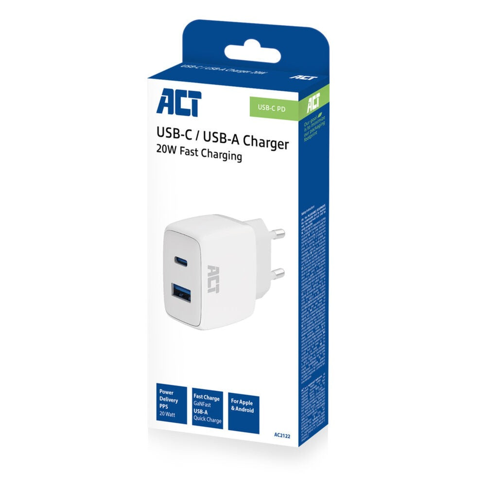 Connettività ACT USB-C USB-A Caricatore 20W con consegna PPP, Quin