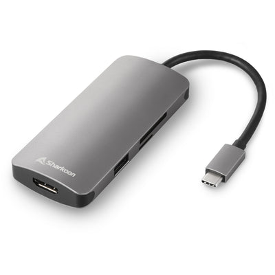Sharkoon usb 3.0 type c multiport adapter dockingstation (donkergrijs, hdmi, usb-c 3.2 (5 gbit s), 3x usb-a 3.2 (5 gbit s), microsd, sd)