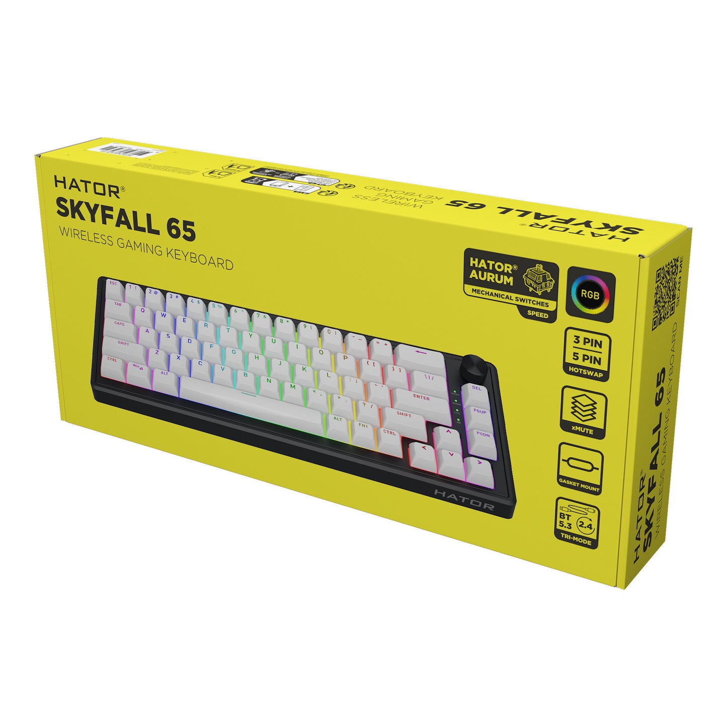 Hator skyfall wireless, tastiera da gioco (nera, layout americano, hator aurum sterling, 65%, rgb, double shot abs, hot-swap, bluetooth usb-c da 2,4 GHz)