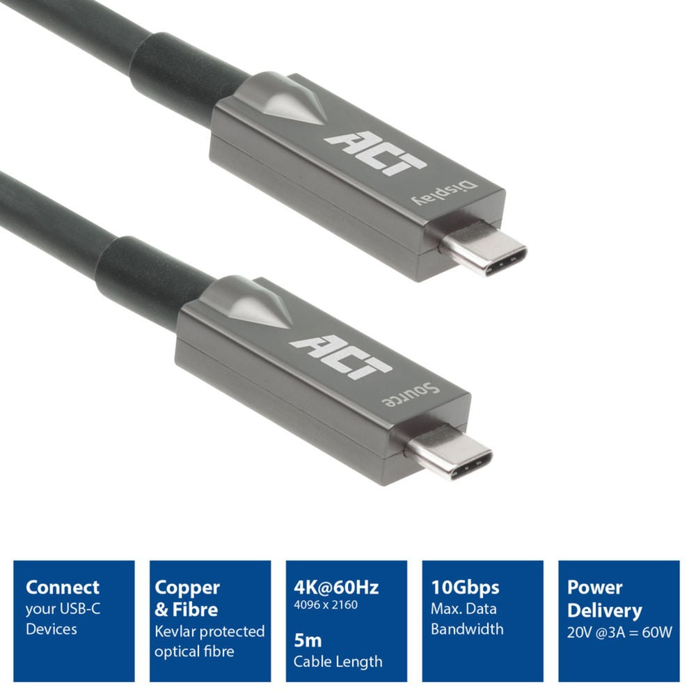 Act connectivity usb-c 3.2 gen2 active optical cable (aoc) aansluitkabel (grijs zwart, 5 meter)