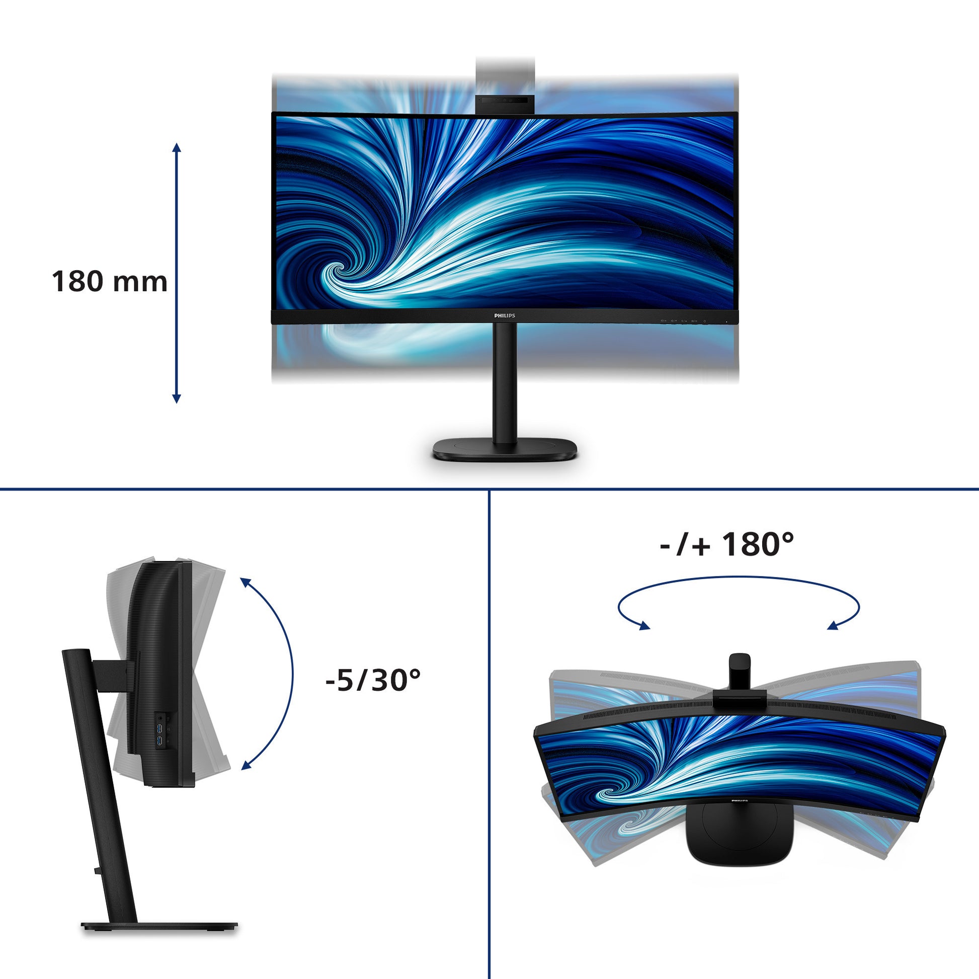 Monitor ultrawide curvo Philips 34b2u3600ch 34 (nero, 2x HDMI, porta display, 3x USB-A, USB-B, USB-C, RJ-45)