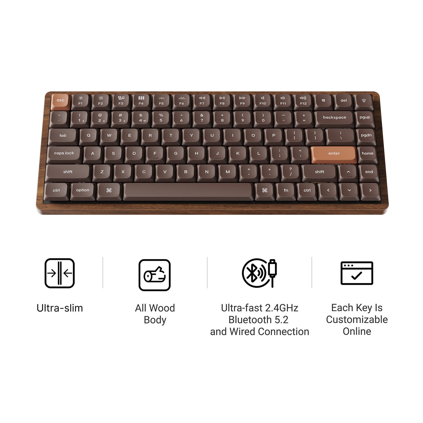 Teclado mecánico rgb de edición especial keychron k3 max-h1w totalmente de madera (color madera, diseño estadounidense (qwerty), rojo leche pom, 75%, leds rgb, pbt de doble disparo, intercambio en caliente, 2,4 ghz | bluetooth 5,1 | usb-c)