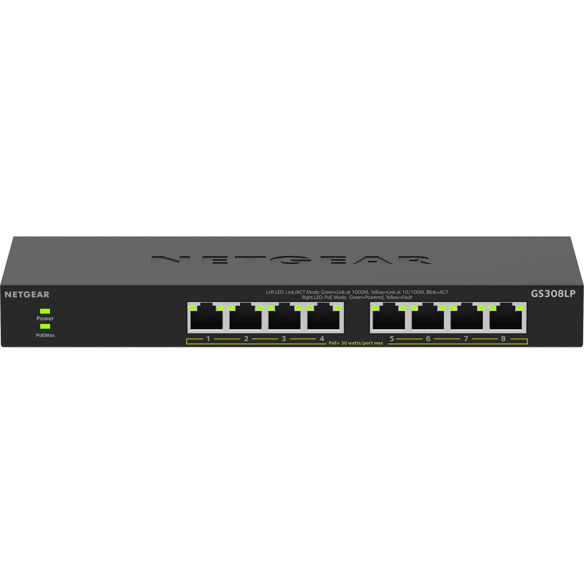 Switch Netgear Gigabit Ethernet a 8 porte Poe+ Essentials non gestito (gs308lp) (Nero, Poe da 60 Watt)