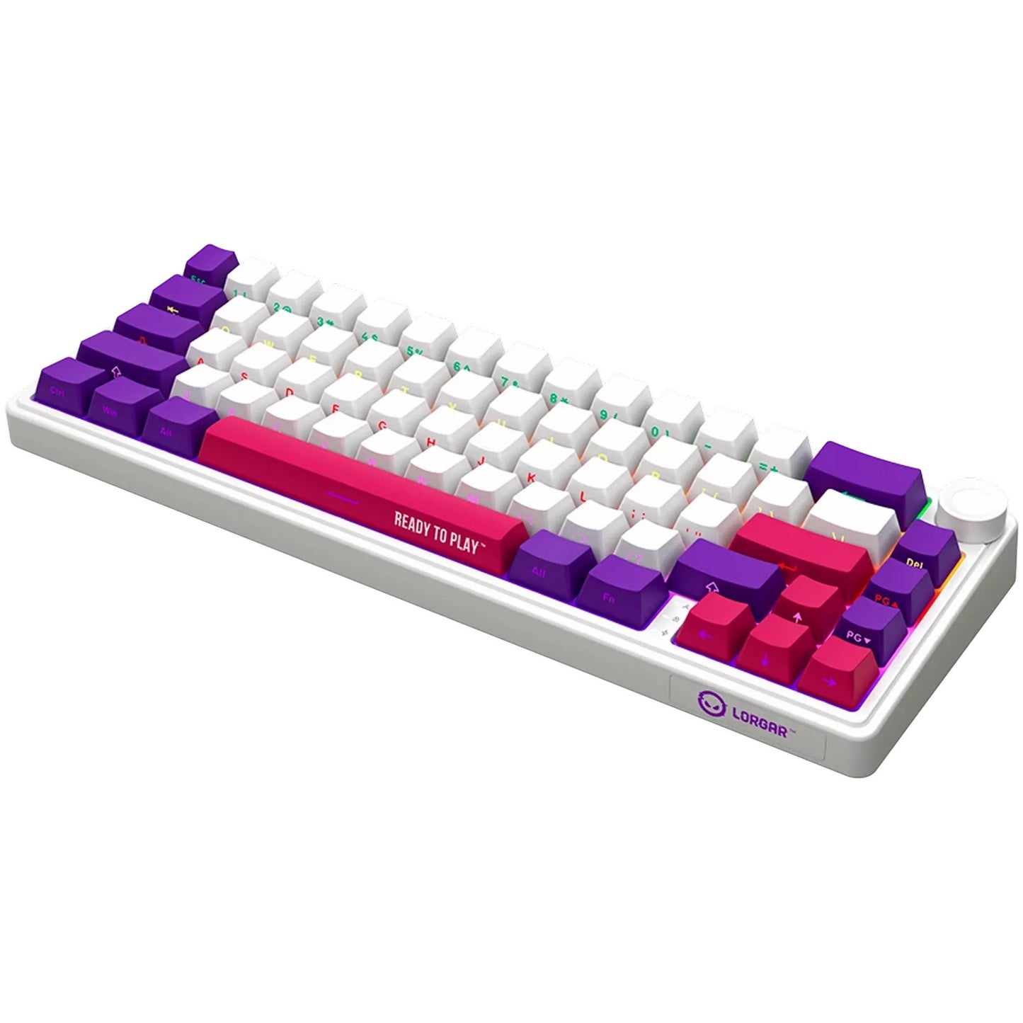 Lorgar kbp70mw, tastiera da gioco (bianca, layout americano, logar tossico viola, 65%, rgb, hot-swapable, pbt double-shot, bluetooth 2.4ghz usb)