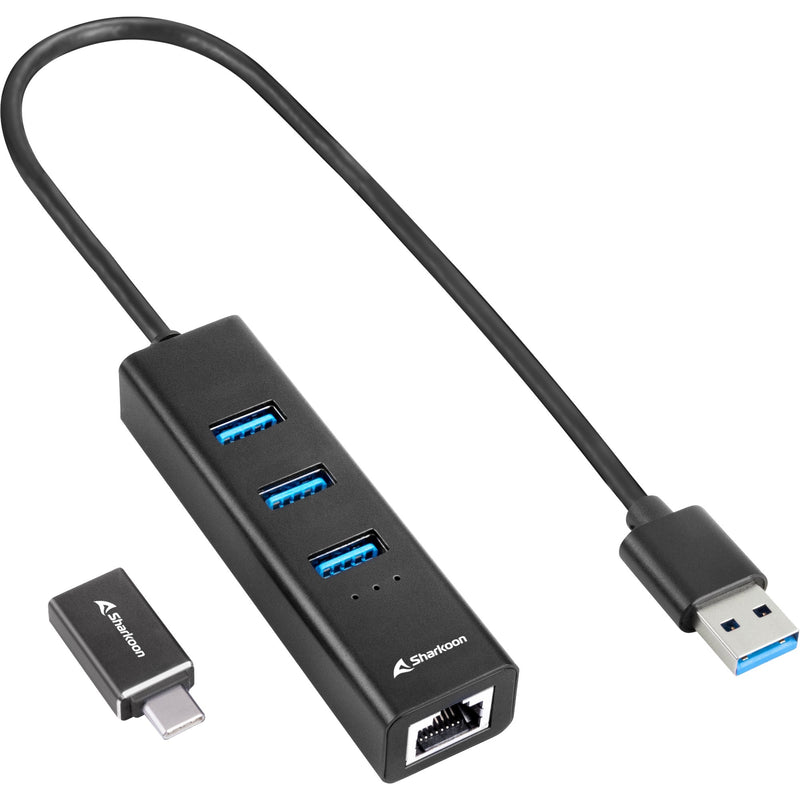Sharkoon 3-Port USB 3.2 Gen 1 Alluminio Hub + RJ45 Ethernet