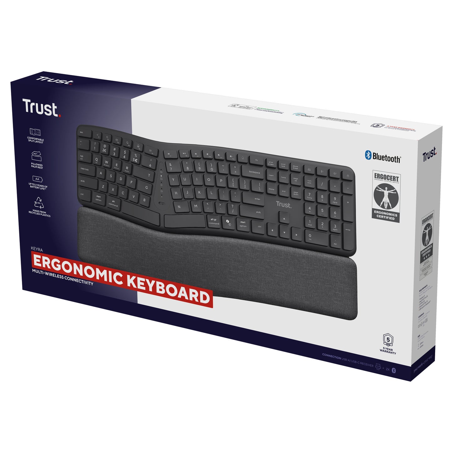 Trust Keyra wireless ergonomic keyboard (black, US layout, Bluetooth 2.4G USB)