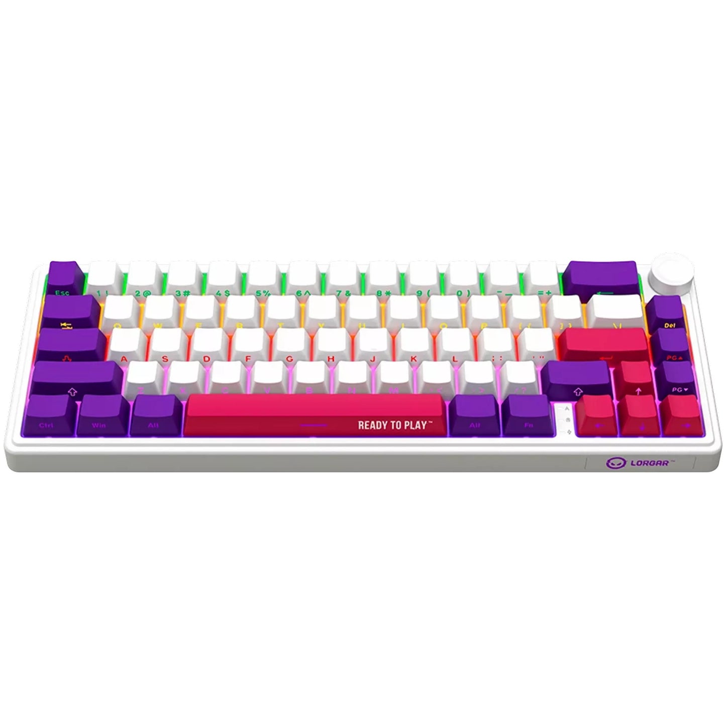 Lorgar kbp70mw, tastiera da gioco (bianca, layout americano, logar tossico viola, 65%, rgb, hot-swapable, pbt double-shot, bluetooth 2.4ghz usb)