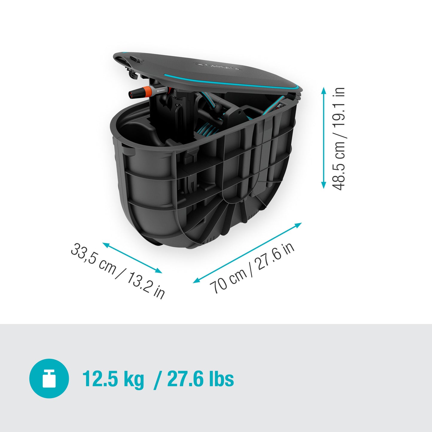 Caja de manguera enrollable oculta Gardena, carrete de manguera de 20 metros (negro turquesa)