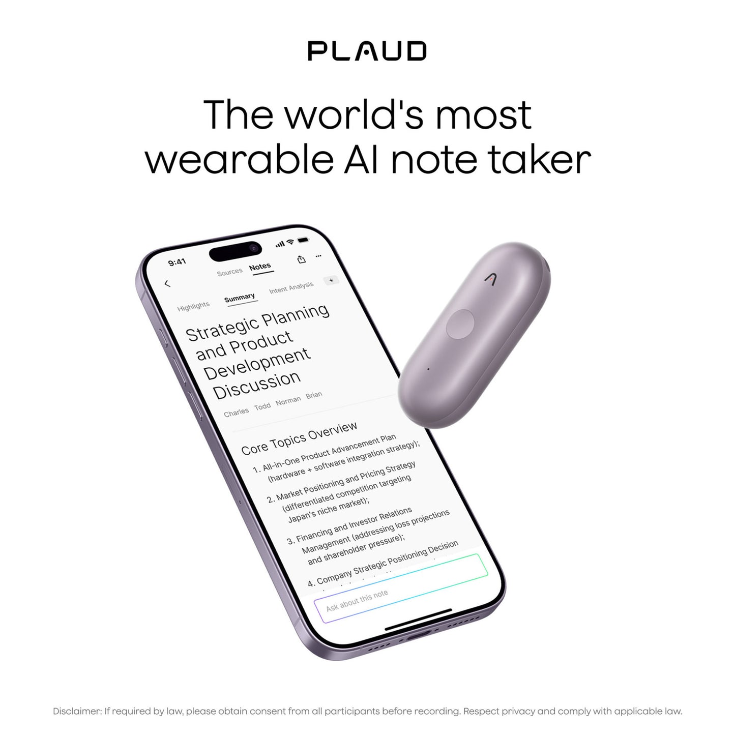 Máquina de dictado Plaud notepin s (púrpura, 64 GB, Bluetooth 5.2 BLE (Bluetooth de baja energía) Wi-Fi)