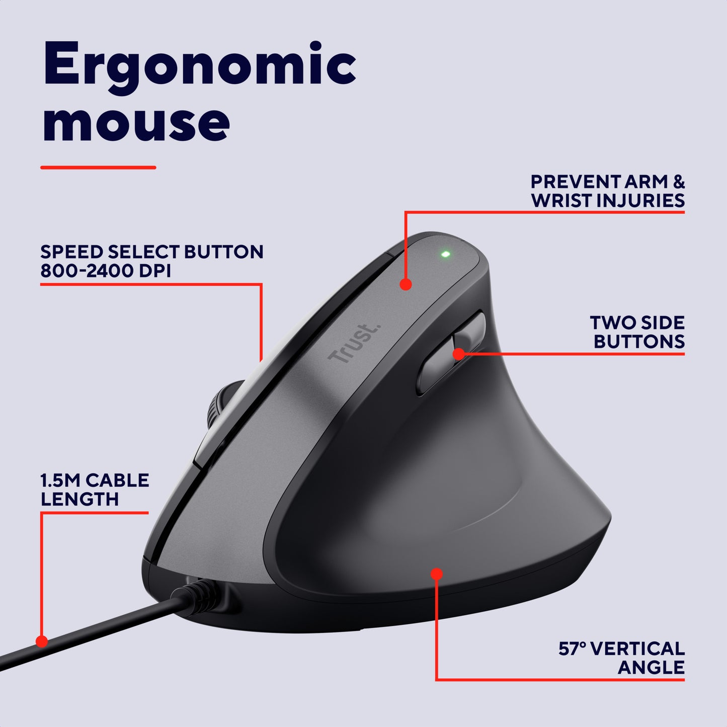Mouse ergonomico Trust bayo ii (nero, 800 dpi - 2.400 dpi)