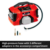 Einhell accu compressor pressito 18 21 li solo - power x-change - 18 v li-ion - aanzuigcapaciteit hogedruk- lagedrukpomp: 21 370 l min - max. werkdruk hogedrukpomp: 10.5 bar - incl. 3-delige adapterset - excl. accu en lader - afbeelding 4