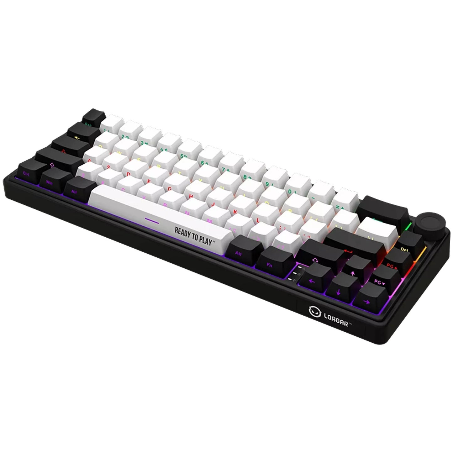 Lorgar kbp70mw, tastiera da gioco (nera, layout americano, logar tossico viola, 65%, rgb, hot-swapable, pbt double-shot, bluetooth 2.4ghz usb)
