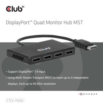 Club 3D DisplayPort Quad Monitor Hub MST 4x 4K30Hz DisplayPort Splitter (Negro)
