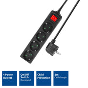 Act connectivity act stekkerdoos met lichtgevende schakelaar, 4 sockets, 2 m, zwart ac2440 - afbeelding 2