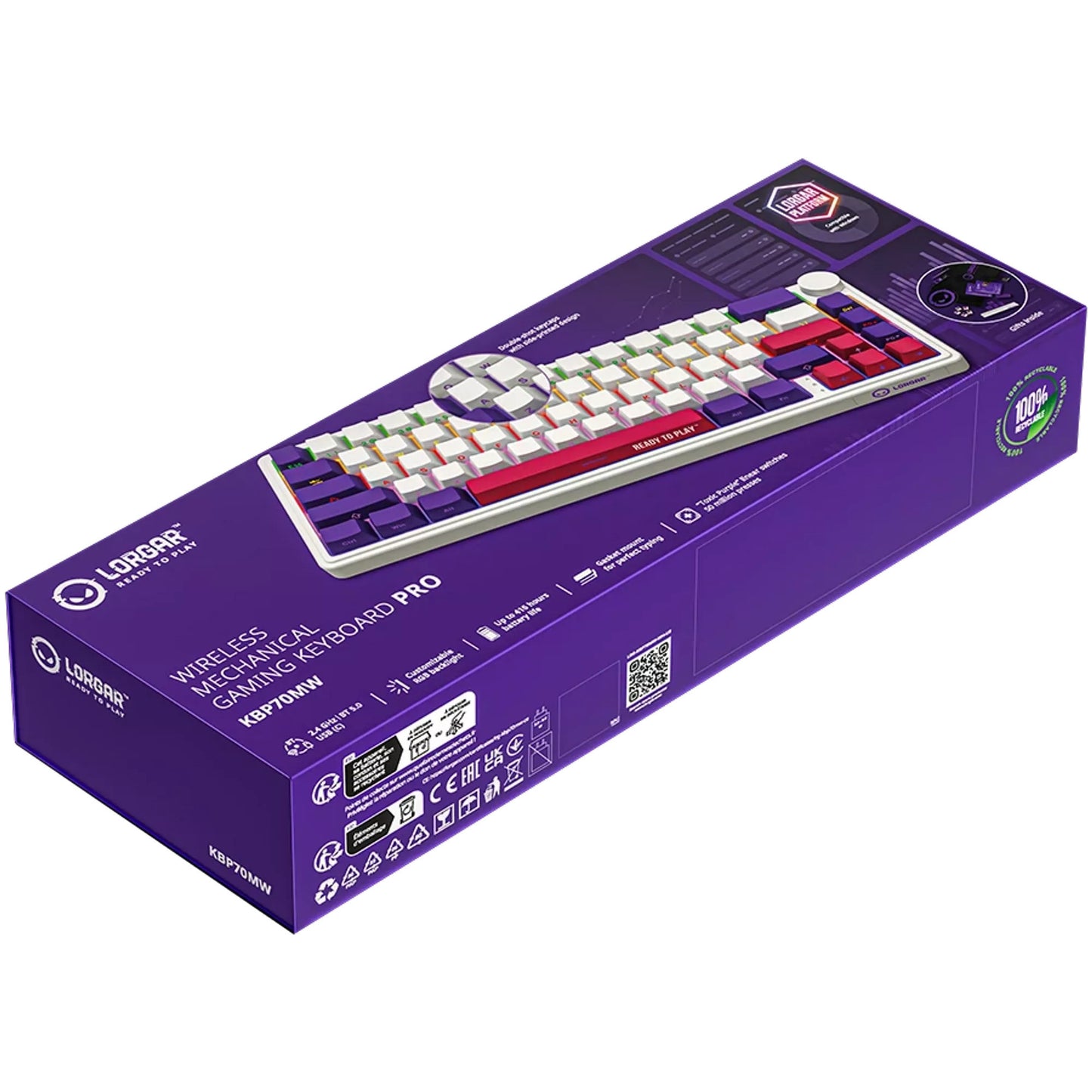 Lorgar kbp70mw, tastiera da gioco (bianca, layout americano, logar tossico viola, 65%, rgb, hot-swapable, pbt double-shot, bluetooth 2.4ghz usb)