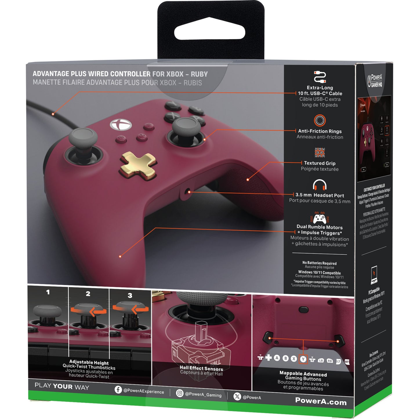 Controller cablato Powera Advantage Plus per Xbox Series X|s - Ruby (Rosso scuro, Xbox Series X|s, Xbox One, PC)