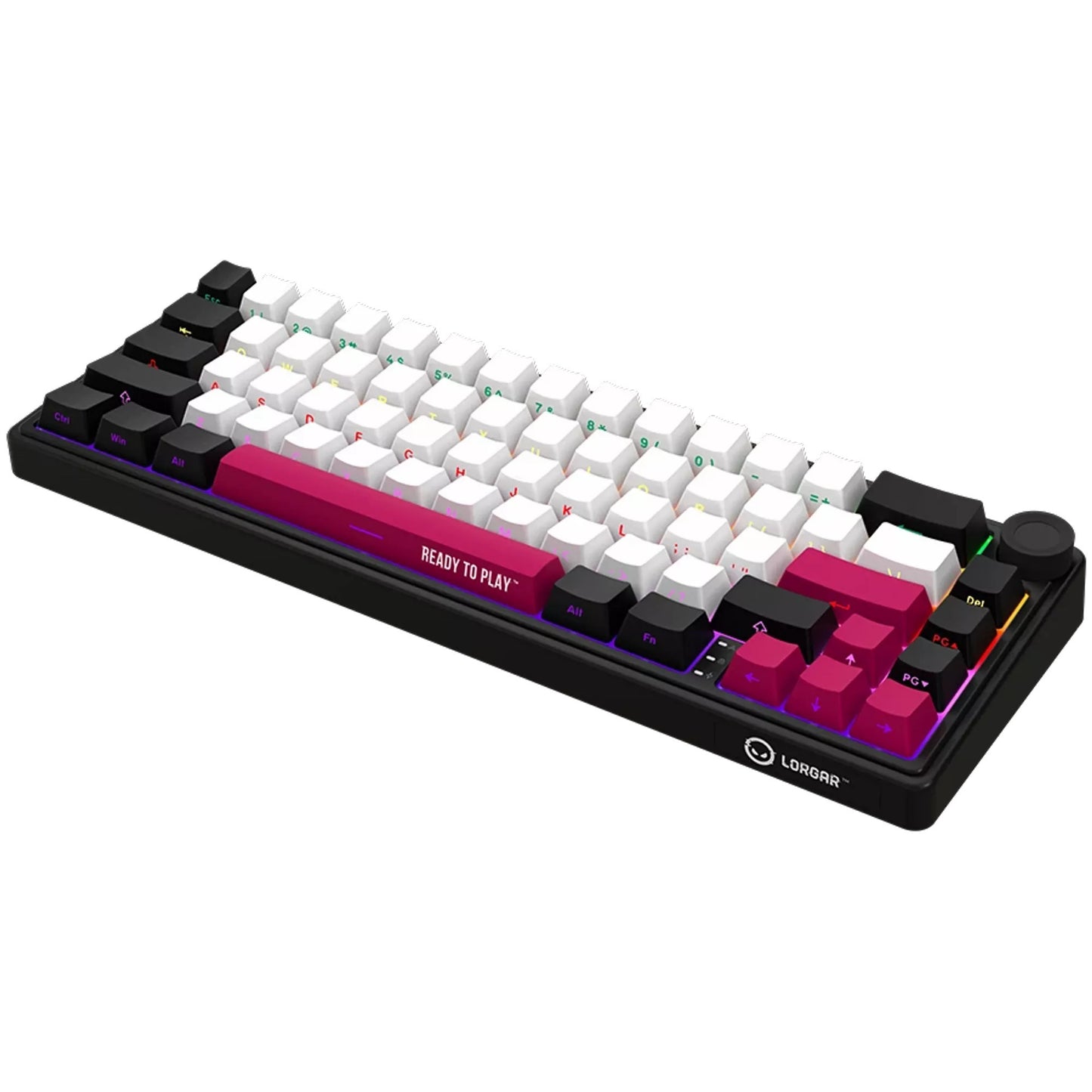 Lorgar kbp70mw, tastiera da gioco (nera, layout americano, logar tossico viola, 65%, rgb, hot-swapable, pbt double-shot, bluetooth 2.4ghz usb)