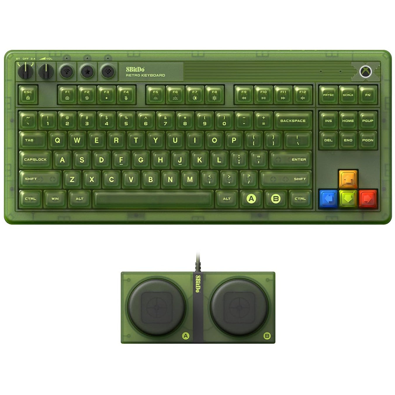 8bitdo retro 87 mechanical keyboard - xbox edition (groen, us lay-out (qwerty), kailh box jellyfish x, 80% (tkl), abs keycaps, bluetooth 5.0, wireless 2.4g, usb)