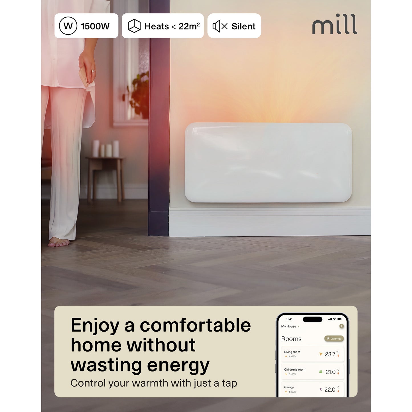 Panel calefactor wifi mill steel pa1500wifi4a con base, convector de 1500 vatios (blanco, wifi 2,4 ghz (wifi 6), bluetooth 5.2, zigbee 3.0 + app)