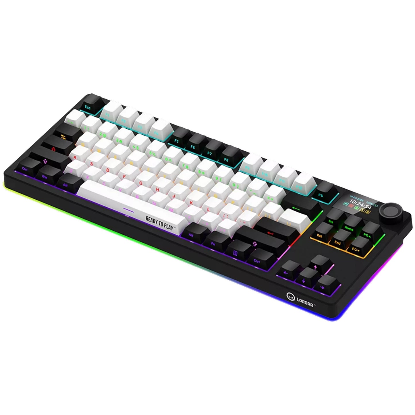 Lorgar kbp70tklw, teclado para juegos (negro, diseño estadounidense, logar toxic purple, tkl, rgb, intercambiable en caliente, pbt double-shot, bluetooth 2.4ghz usb)