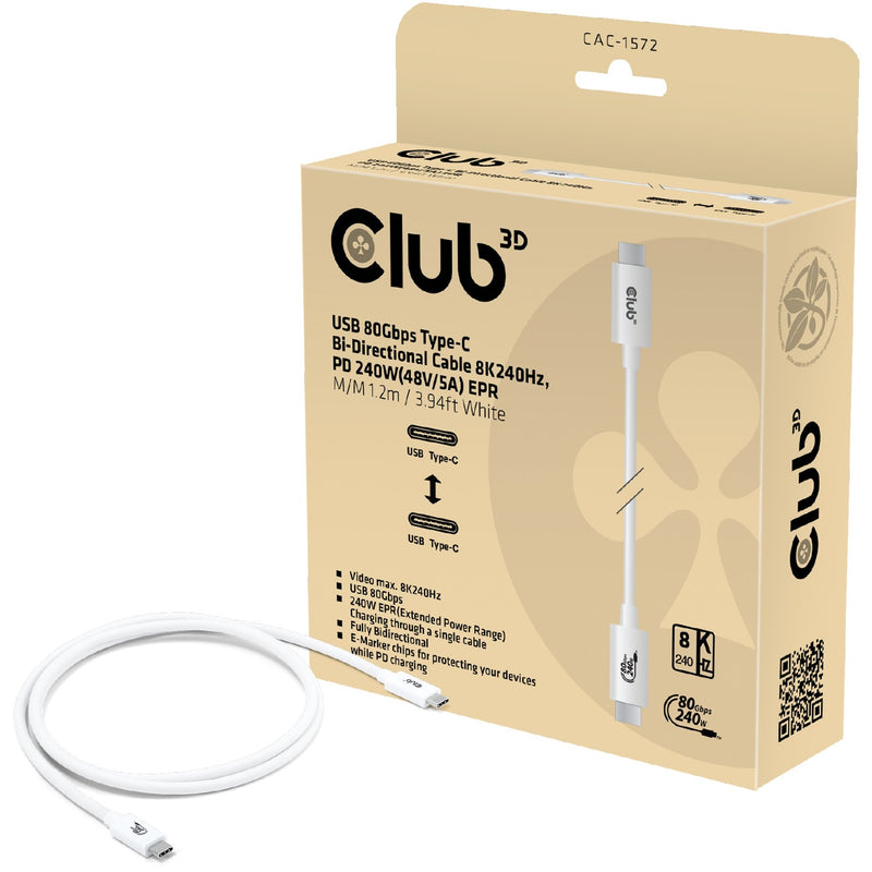 Club 3d usb-c 80gbps certified 240w 8k 240hz kabel (wit, 1.2m)