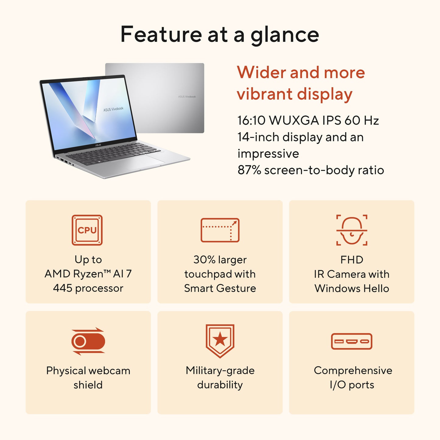 Asus vivobook 14 m1407ga-ly012w 14 copilot+ laptop (argento | ryzen 7 445 | radeon 840m | 16 GB | 512 GD SSD)