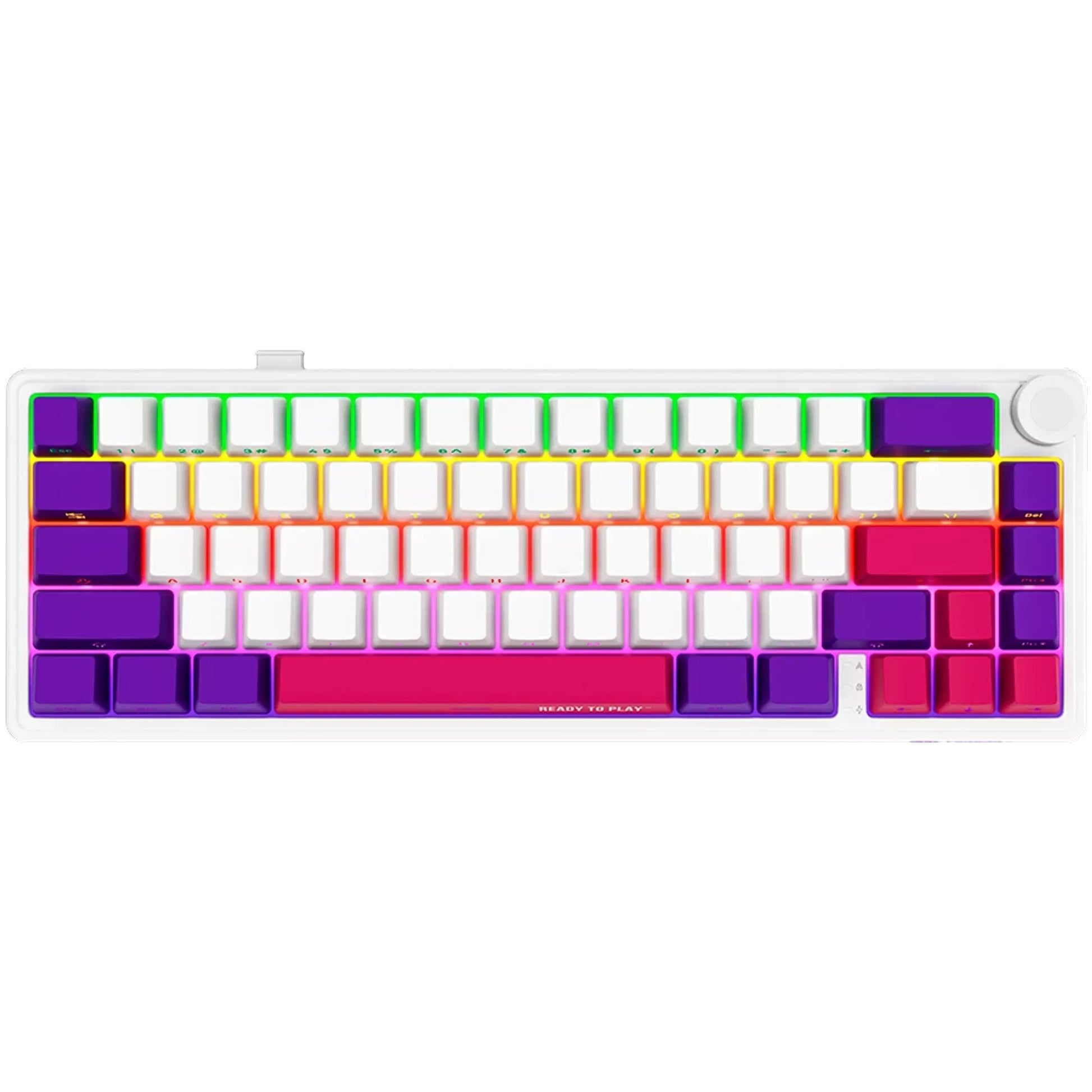 Lorgar kbp70mw, tastiera da gioco (bianca, layout americano, logar tossico viola, 65%, rgb, hot-swapable, pbt double-shot, bluetooth 2.4ghz usb)