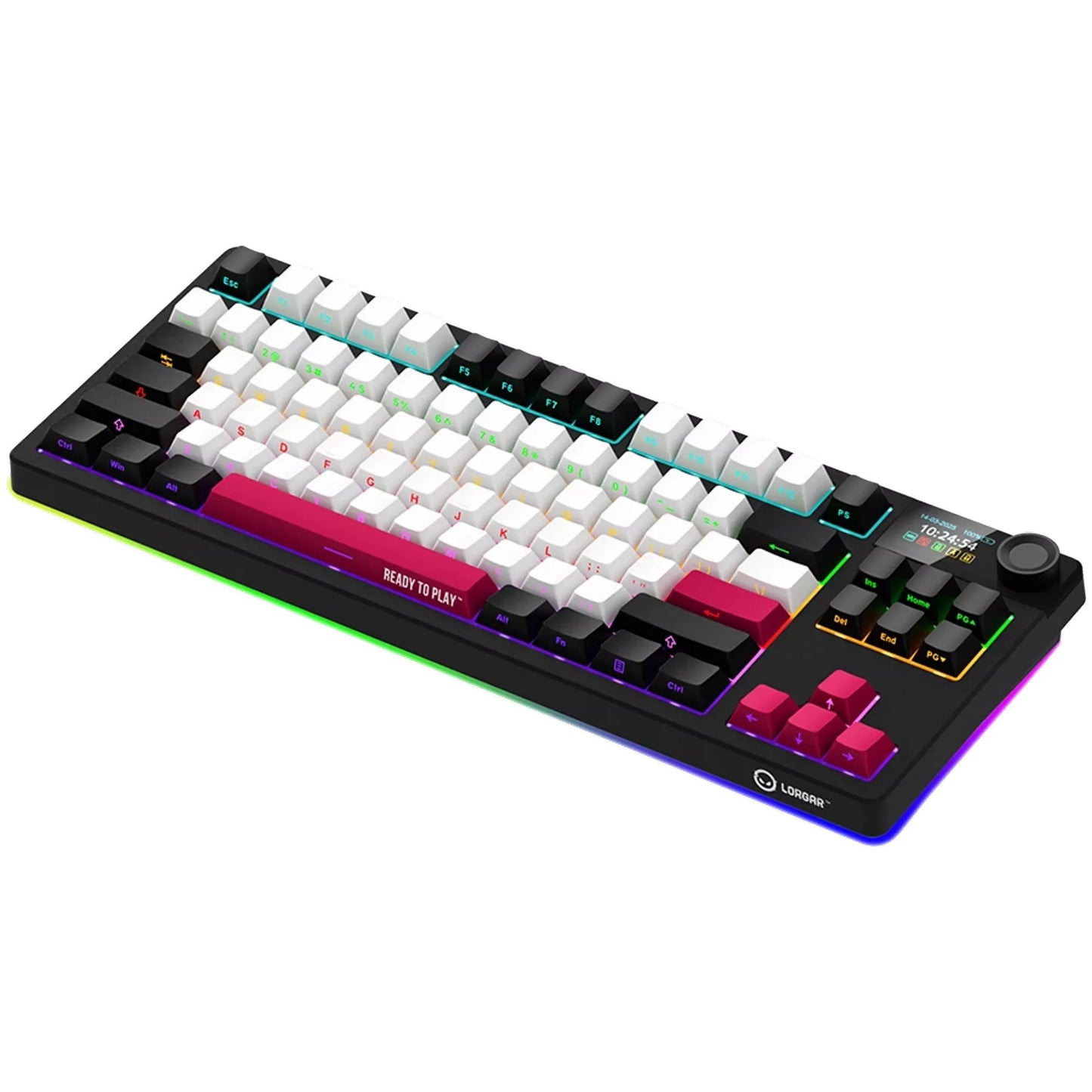 Lorgar kbp70tklw, teclado para juegos (negro, diseño estadounidense, logar toxic purple, tkl, rgb, intercambiable en caliente, pbt double-shot, bluetooth 2.4ghz usb)