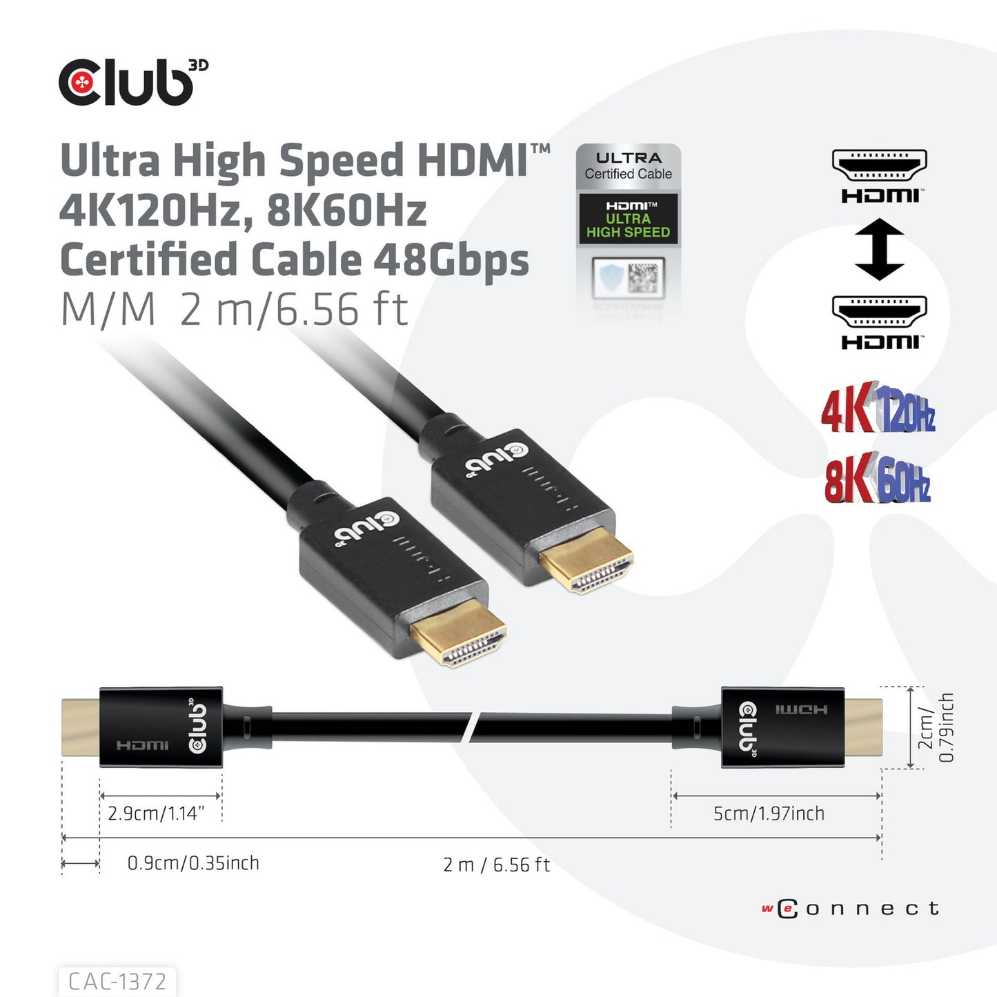 Club 3d ultra high speed hdmi 2.1 gecertificeerde kabel male-male (zwart, 2 meter, 4k 120hz, 8k 60hz, 48gbps)