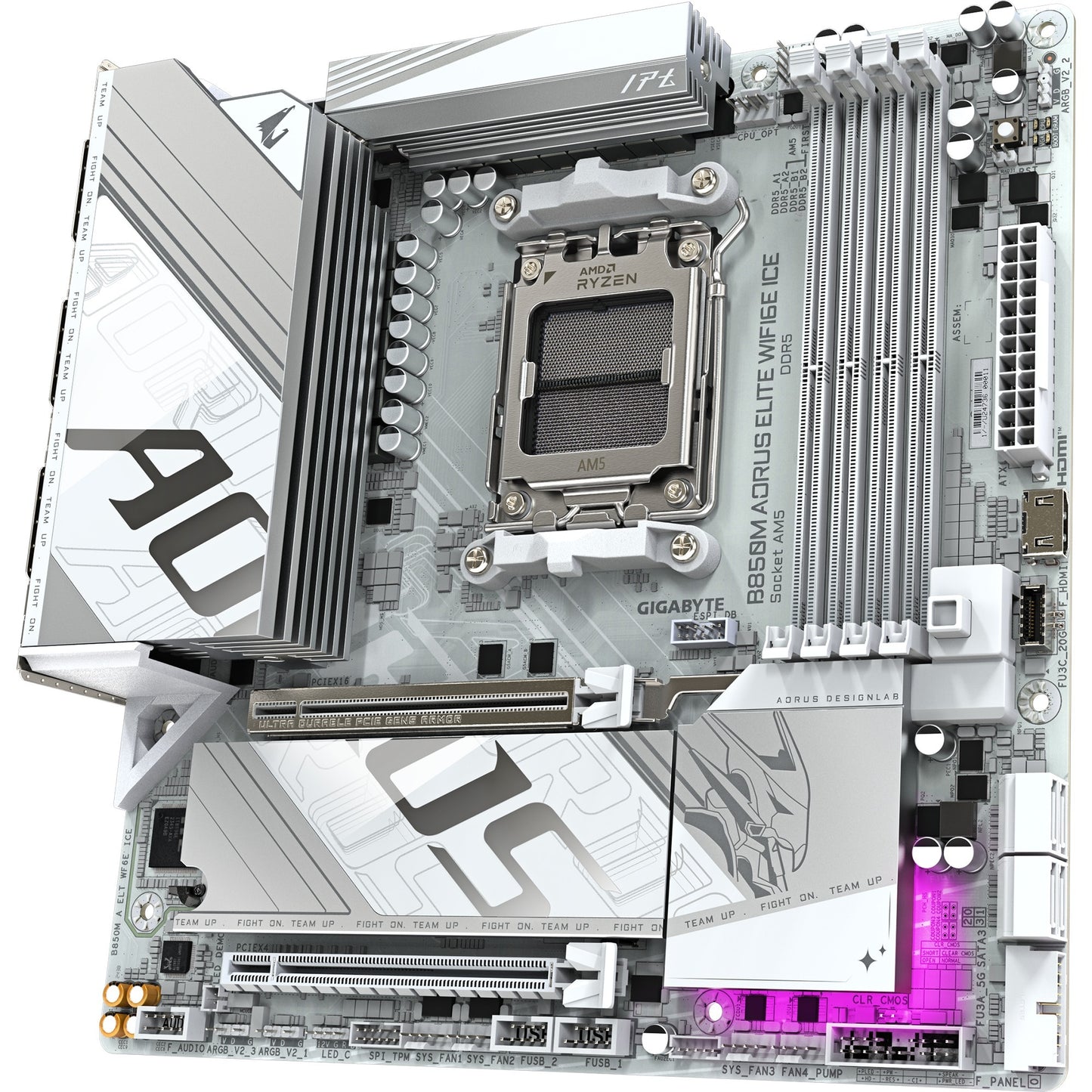 Scheda madre Gigabyte B850M Aorus Elite WiFi6E Ice Socket AM5 (bianco argento, RAID, 2,5 GB-LAN, WiFi 6E, BT, audio, µATX)