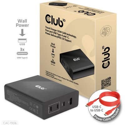 Club 3d travel charger 132w gan technology, four port usb type-a and -c (zwart, power delivery(pd) 3.0)
